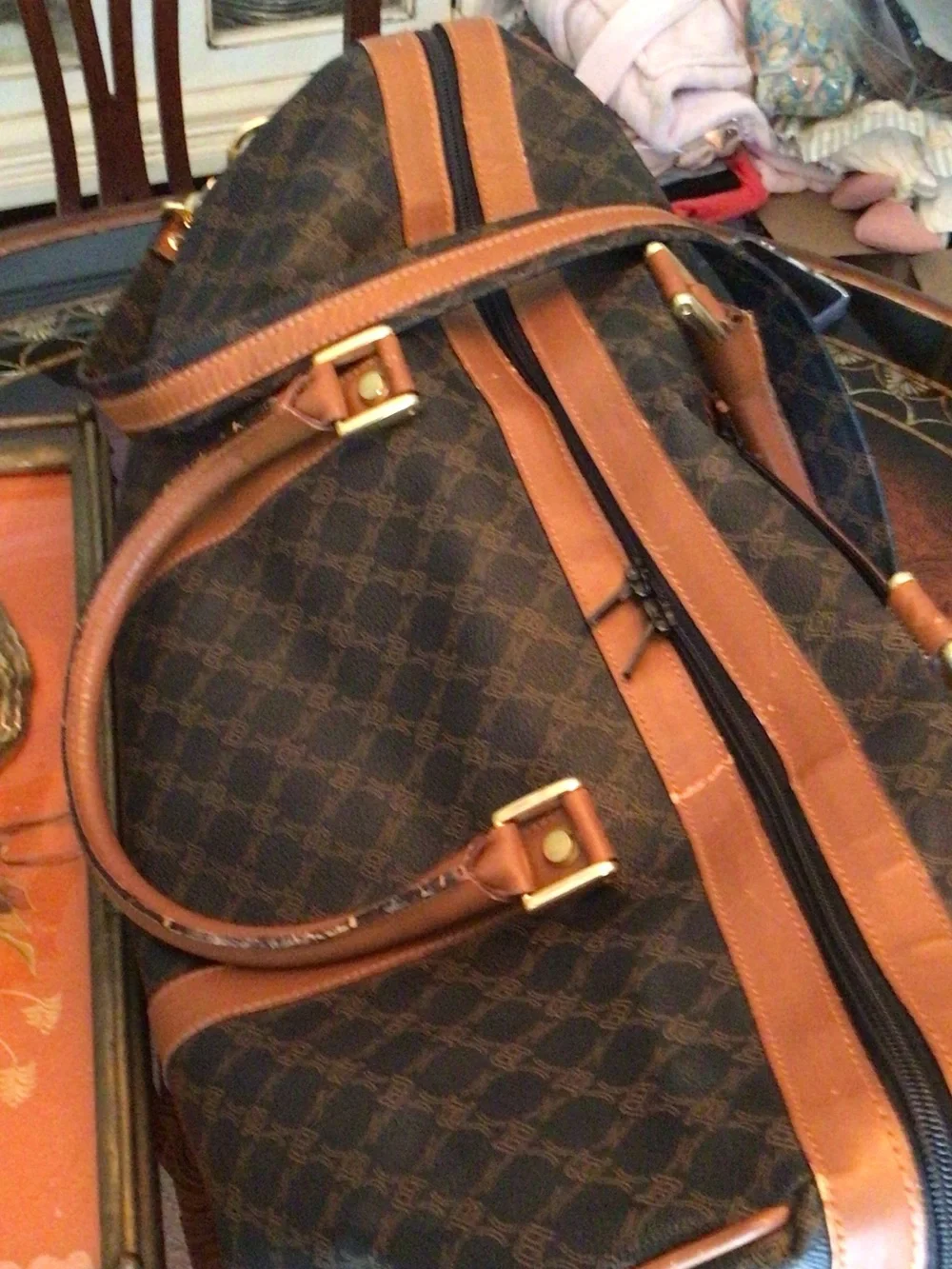 Bally Dark Brown Monogram Leather-Trim Duffel with lock & 2 keys